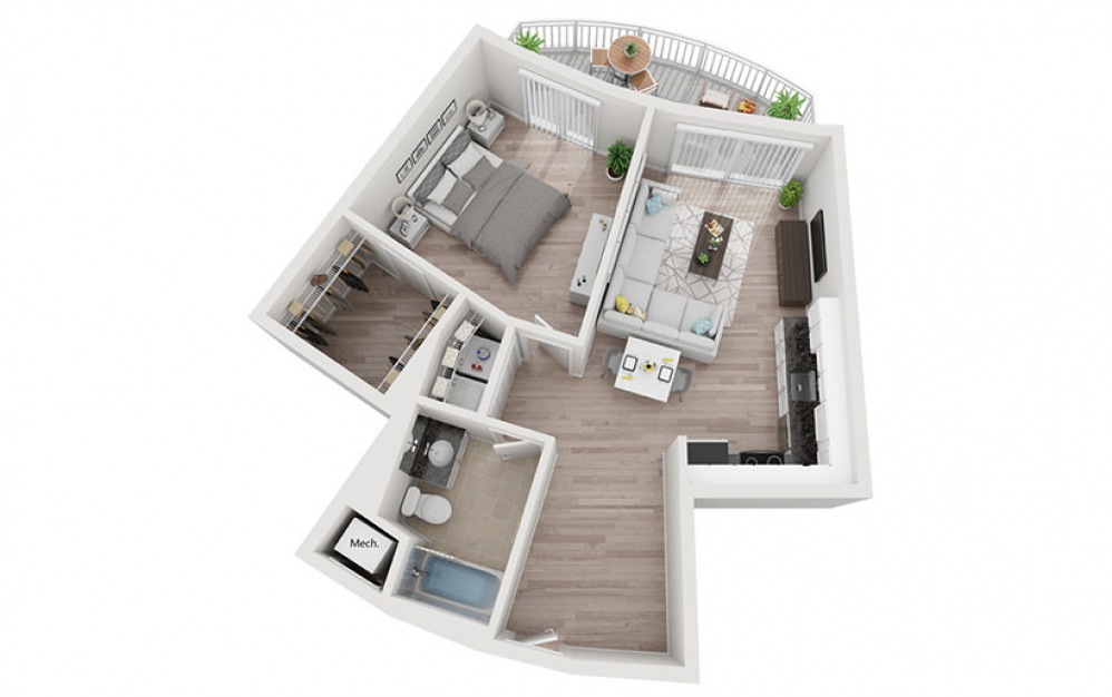A2 - 1 bedroom floorplan layout with 1 bath and 900 square feet.