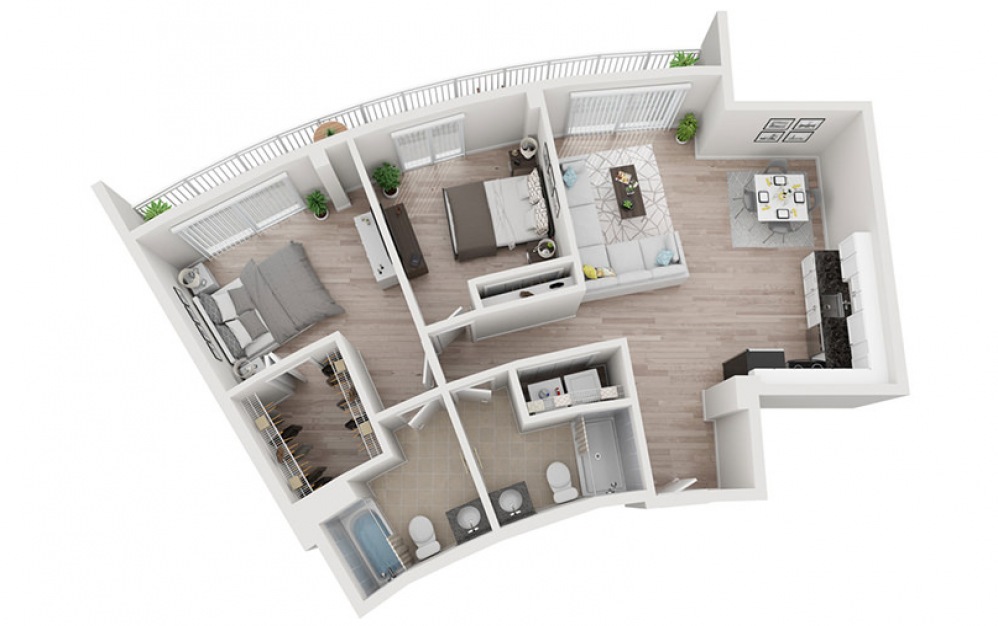 B2 - 2 bedroom floorplan layout with 2 baths and 1300 square feet.