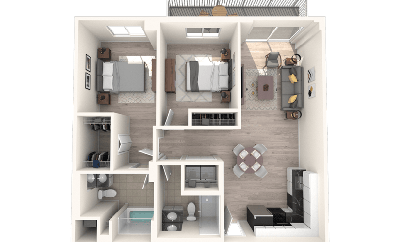 B1 - 2 bedroom floorplan layout with 2 bathrooms and 986 square feet