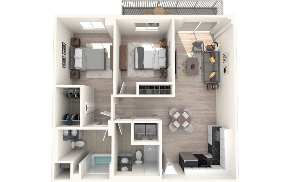 B1 - 2 bedroom floorplan layout with 2 baths and 986 square feet.