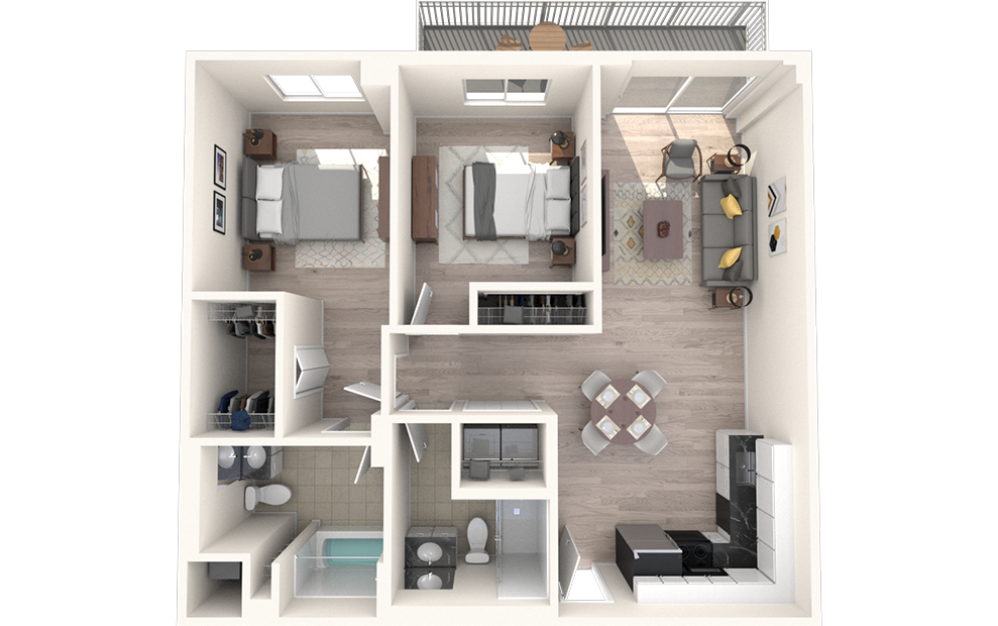 B1 - 2 bedroom floorplan layout with 2 bathrooms and 986 square feet